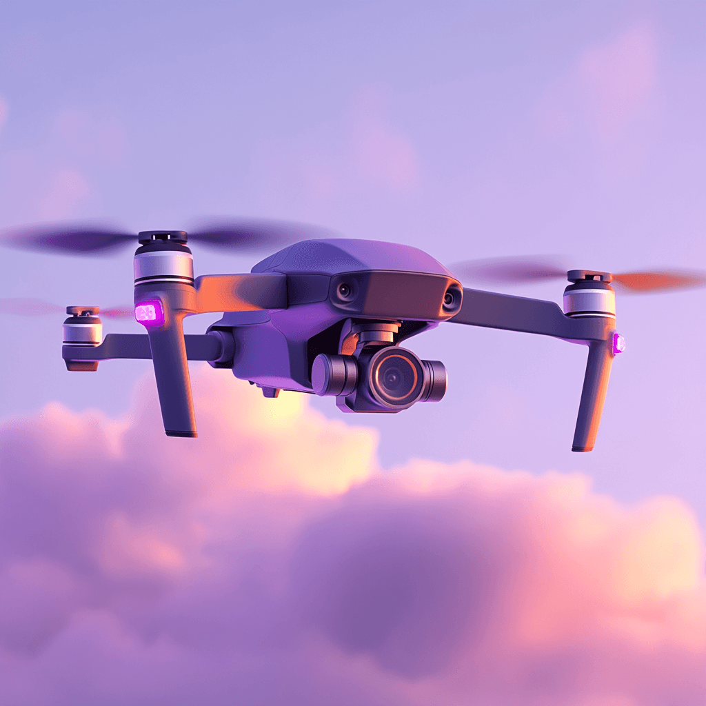 Drone flying in sunset sky