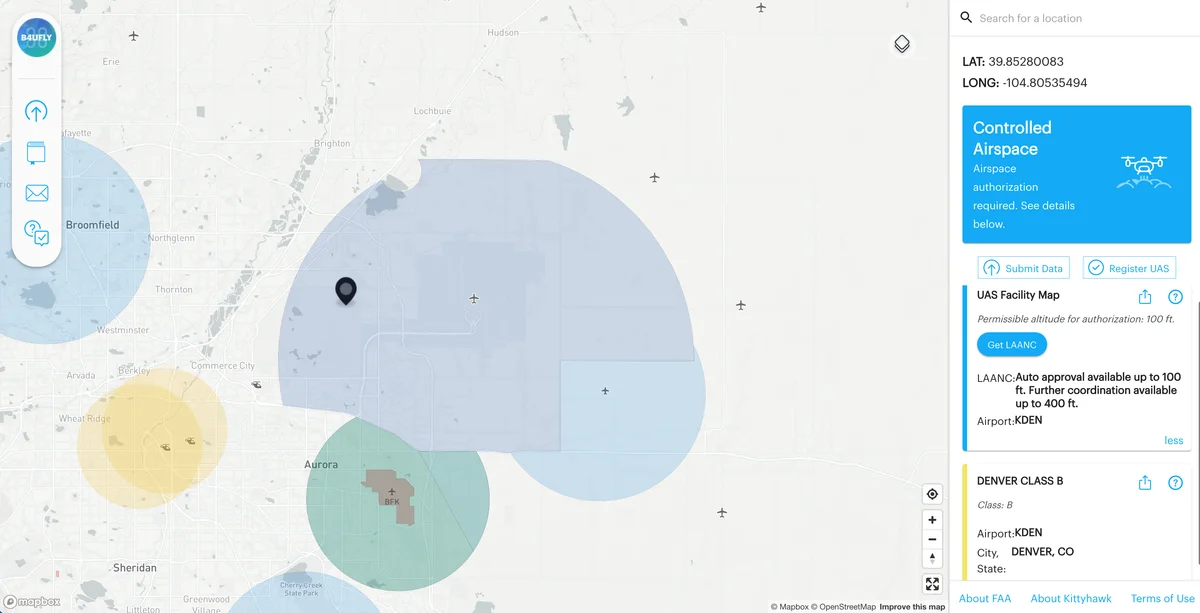 B4UFLY airspace map showing controlled airspace zones and LAANC authorization around Denver