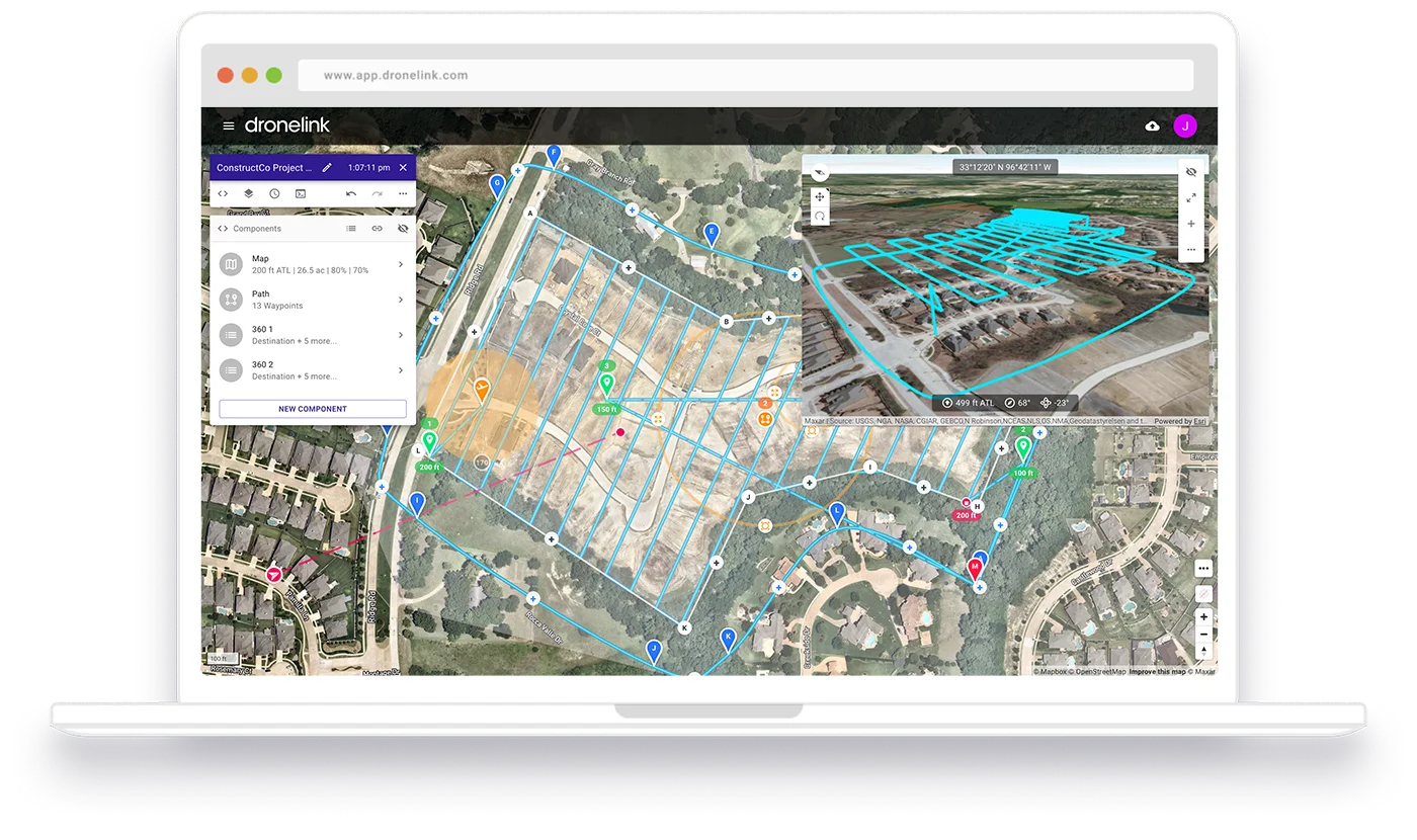 Dronelink mission planner web interface showing automated drone flight path over satellite map