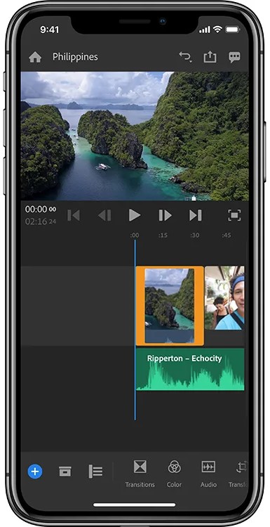 Adobe Premiere Rush interface for editing drone footage for social media export