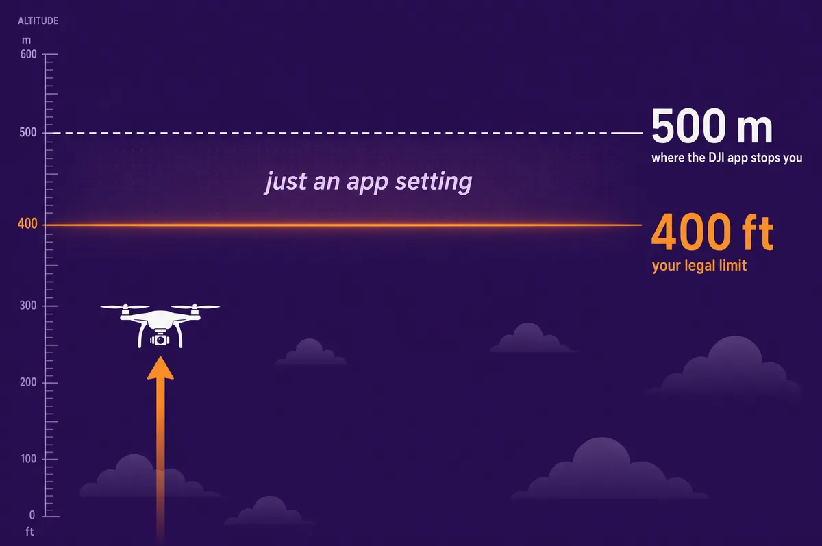 Diagram comparing the DJI Fly app 500m altitude cap with the 400ft (120m) legal limit, showing the gap is just an app setting