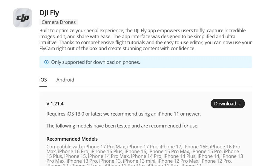 The DJI Fly app download page on dji.com showing the iOS and Android tabs and the version 1.21.4 download button