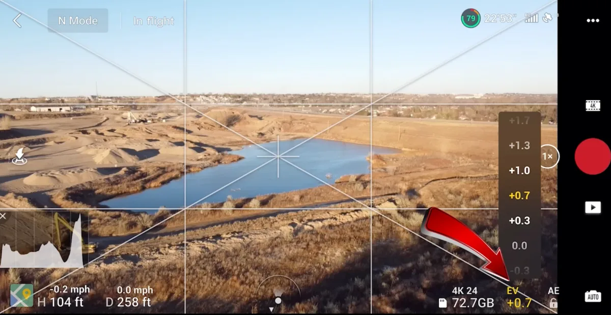 DJI Fly app in Pro mode with the EV exposure value slider open and set to +0.7