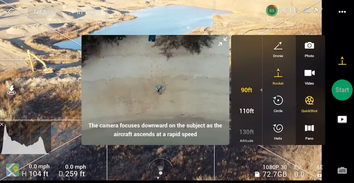 The DJI Fly QuickShots menu showing Dronie, Rocket, Circle, Helix and Pano options with the altitude selector and Start button
