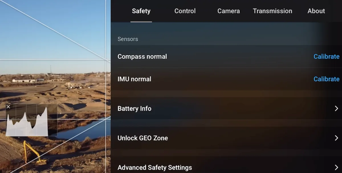 The DJI Fly Safety menu showing the Unlock GEO Zone option alongside compass and IMU calibration and advanced safety settings