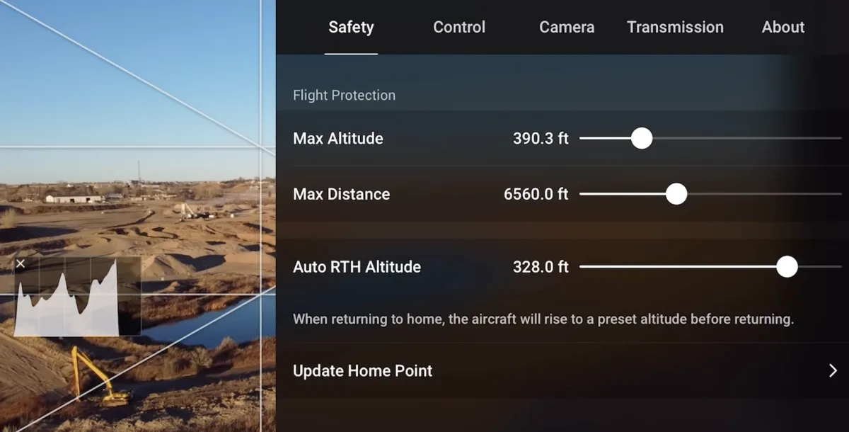 The DJI Fly Safety tab showing Max Altitude 390 feet, Max Distance 6560 feet, and Auto RTH Altitude 328 feet sliders