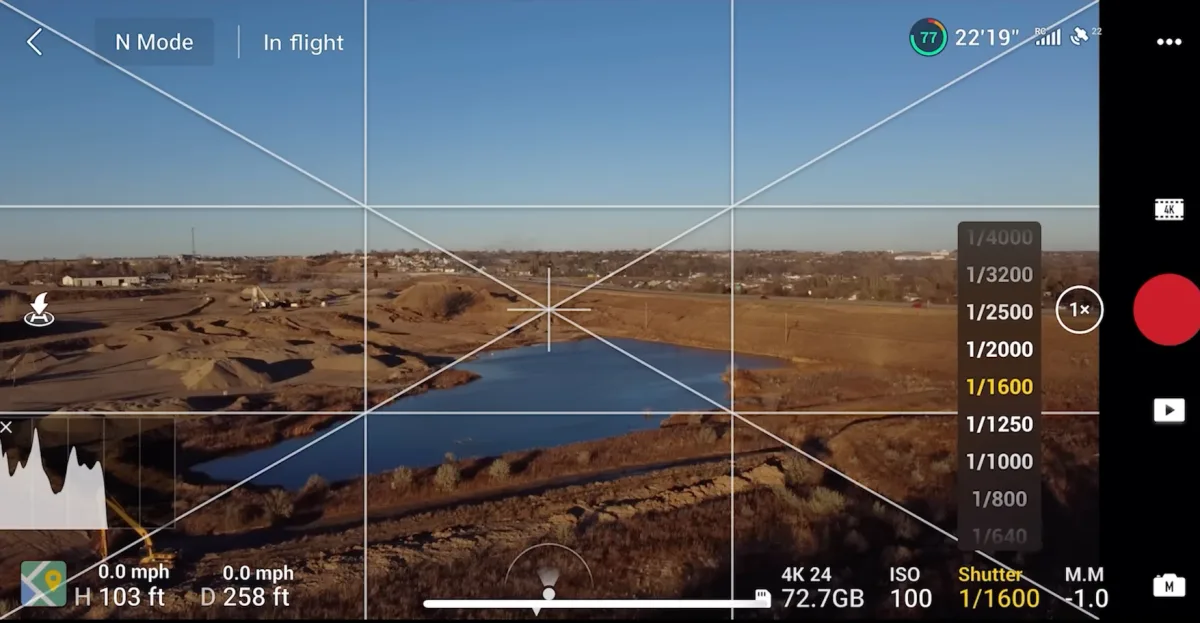 The DJI Fly manual shutter speed selector open and set to 1/1600 with ISO 100