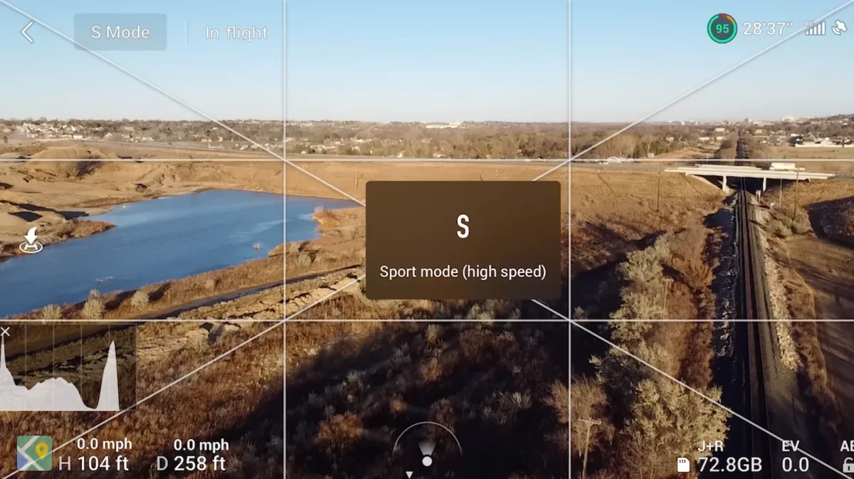 Switching the DJI Fly app to Sport mode (S) in flight, shown by the on-screen mode toggle reading Sport mode high speed