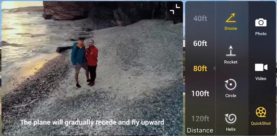 DJI QuickShots menu showing Dronie, Rocket, Circle, Helix, Boomerang, and Asteroid options