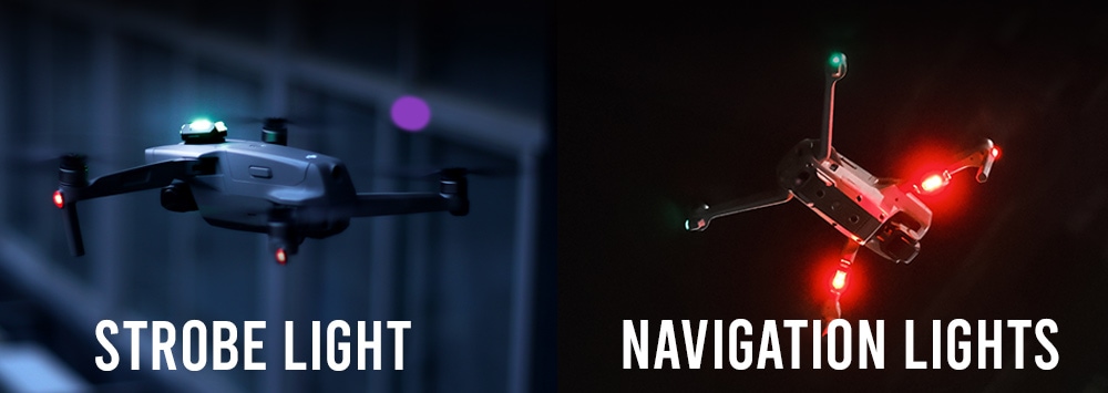 Diagram showing the difference between drone strobe lights and navigation lights for night flying