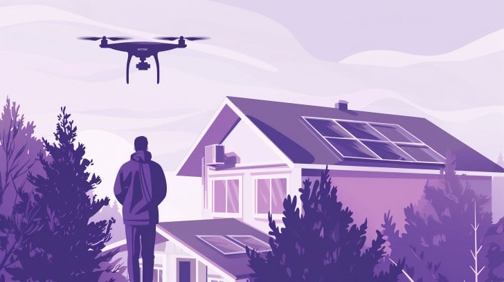 Drone flying low over a residential neighborhood, illustrating the legal gray zone of private property overflights