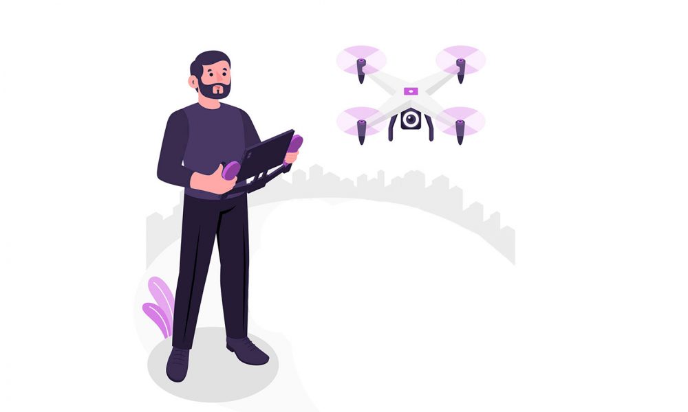 Consumer GPS drone hovering in position hold mode over open field