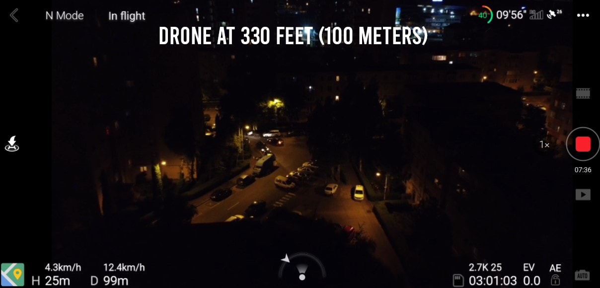 Drone night photography shot from 100 meters showing city lights below