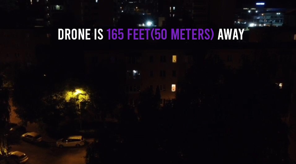 Drone lights visible at 50 meters away at night showing the characteristic light cluster pattern