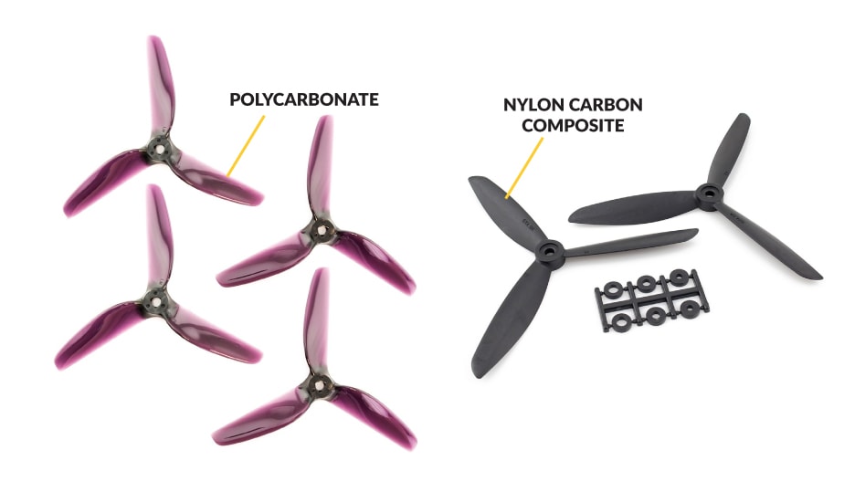 Close-up of drone propeller materials showing nylon flex vs rigid carbon fiber construction