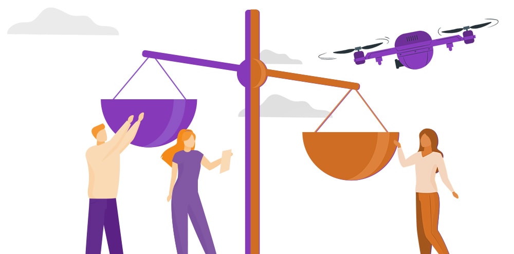 Drone flying over a landscape showing the benefits and drawbacks of drone technology