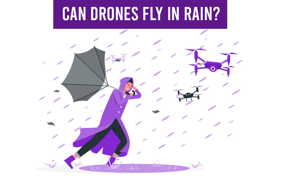 Drone flying in rain with water droplets visible in the air
