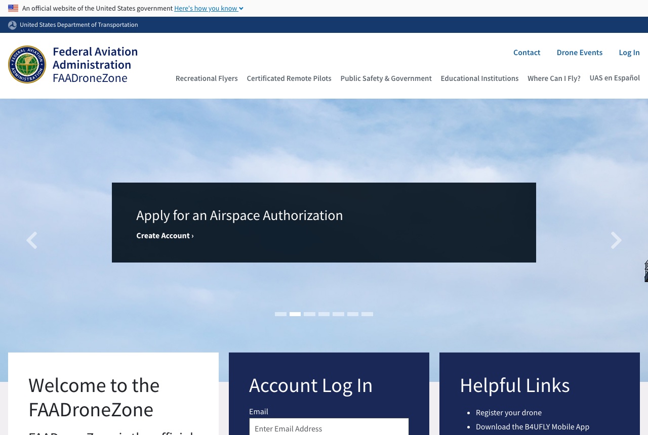 FAA DroneZone portal landing page