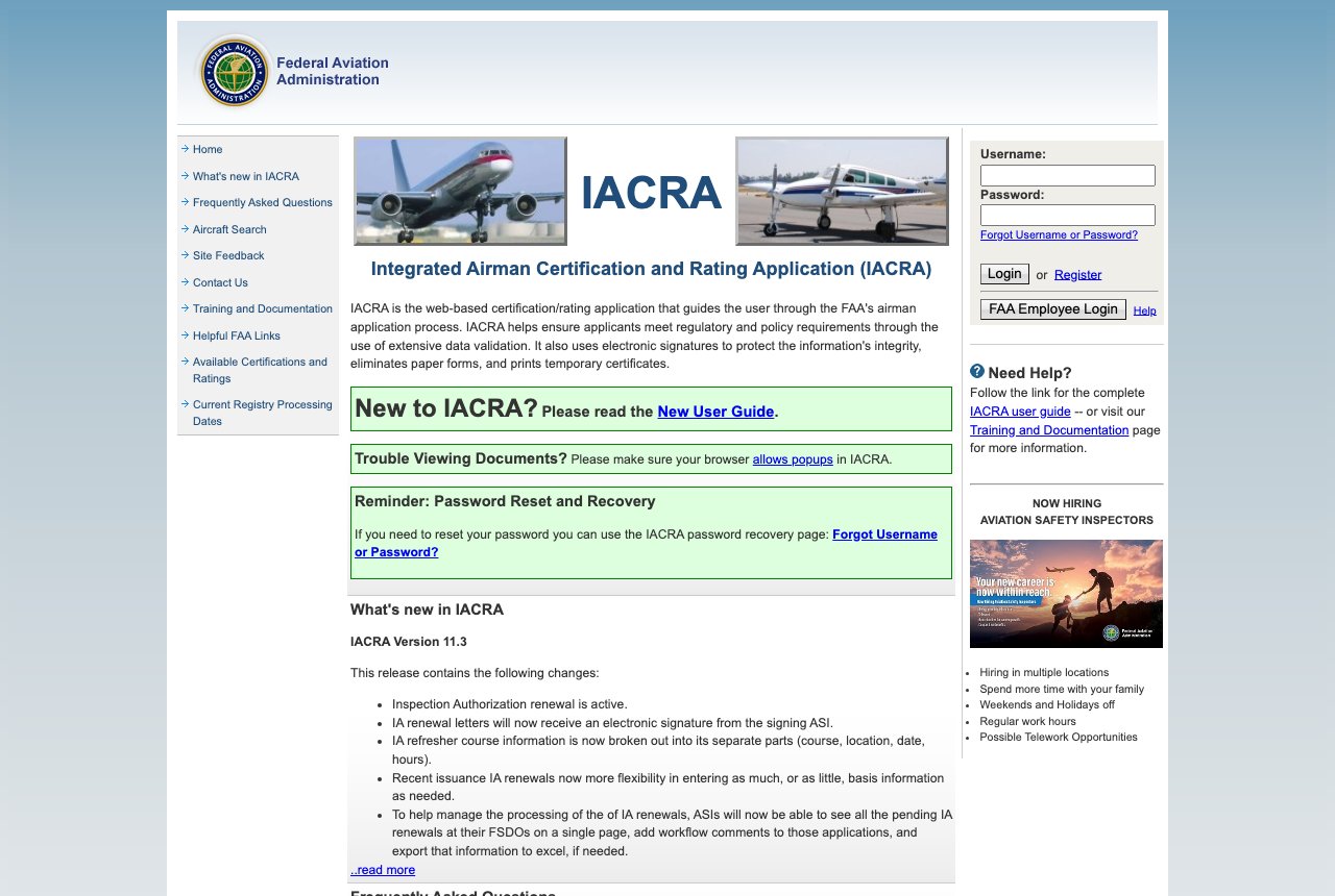 IACRA FAA login and registration page