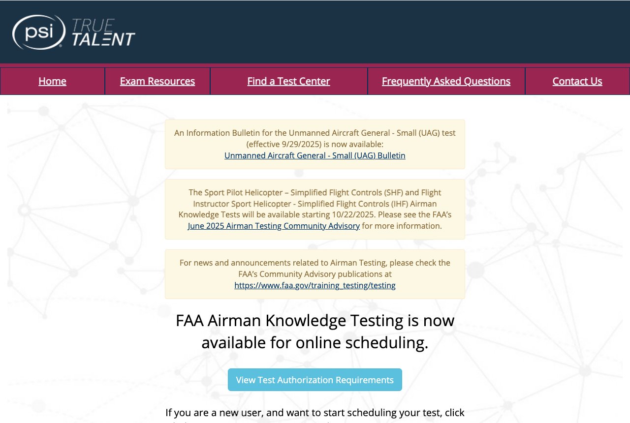 PSI testing center portal for FAA knowledge tests