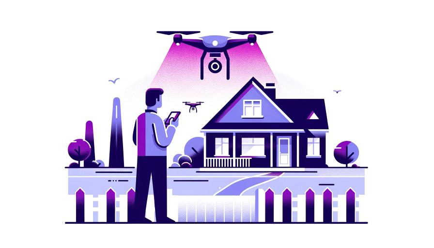 Drone flying over a house in a residential neighborhood