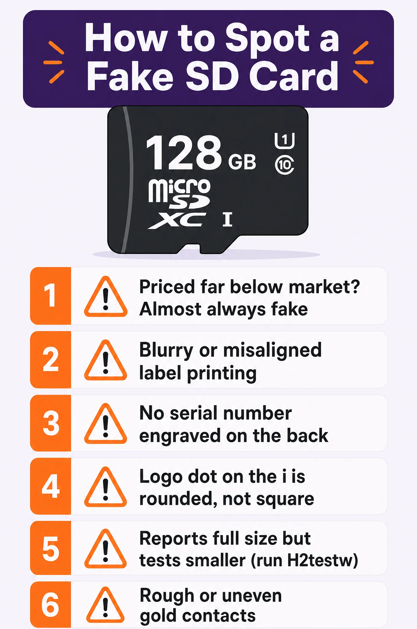 Infographic checklist showing how to spot a fake or counterfeit microSD card