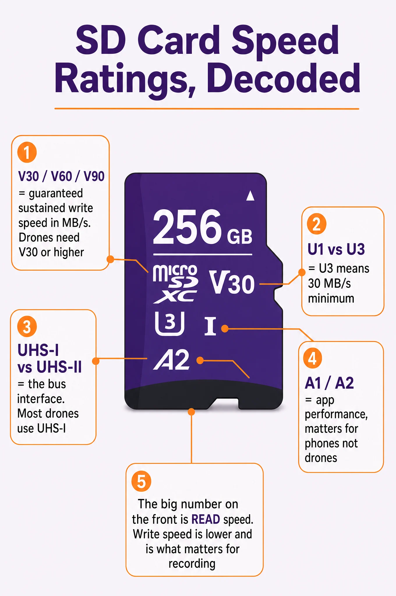 Infographic decoding SD card speed ratings V30 V60 V90, U1 U3, UHS-I and UHS-II, A1 A2, and read versus write speed for drones