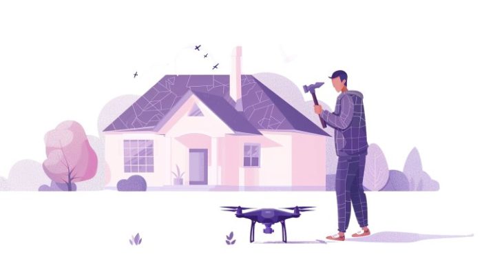 Property owner looking up at drone hovering above residential property